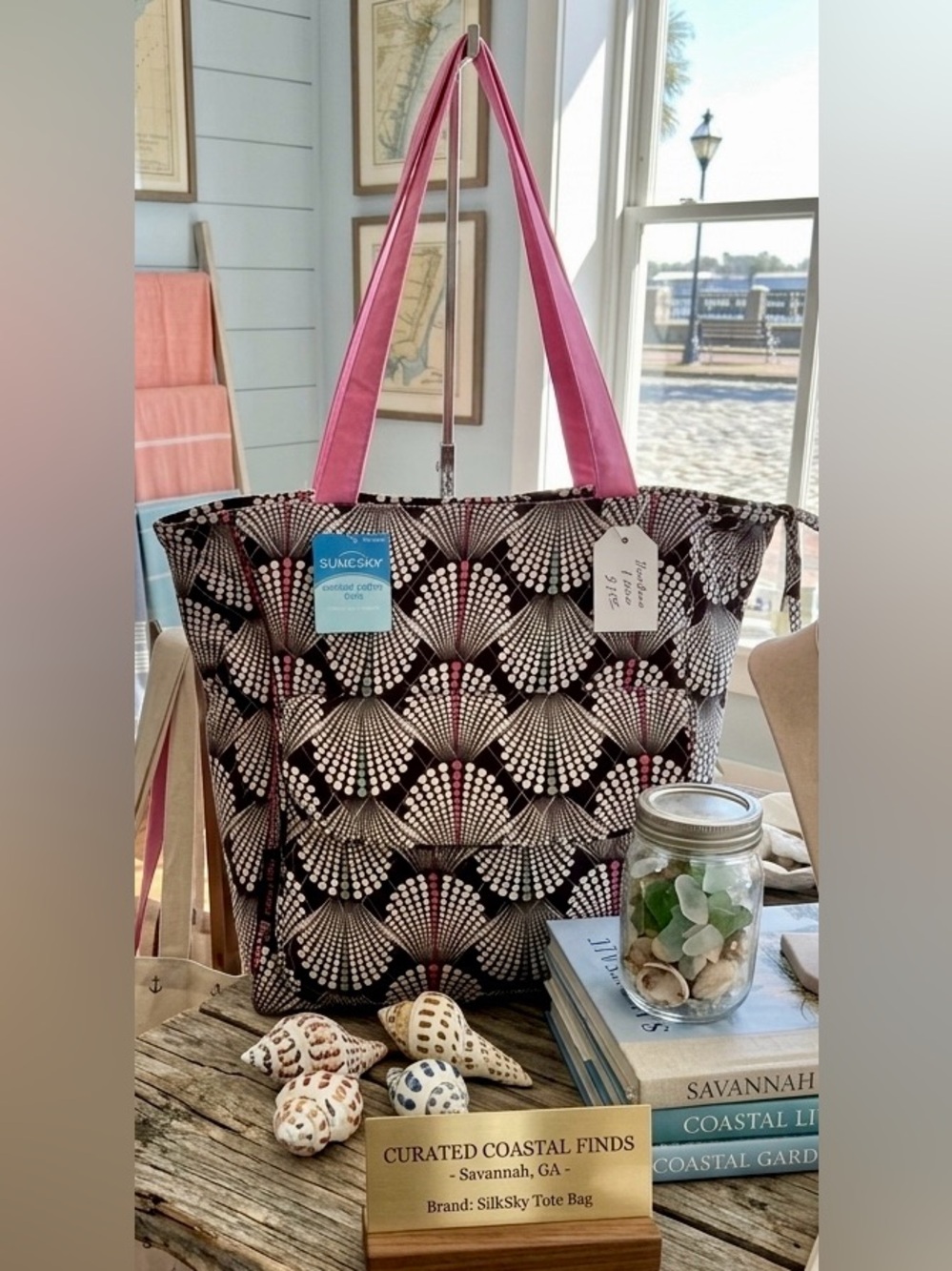 Black Patterned Tote with Pink Handles and Tablet pocket .